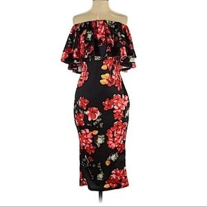 Black/red dress mid calf. Bare shoulders. Size Small. Party Dress!